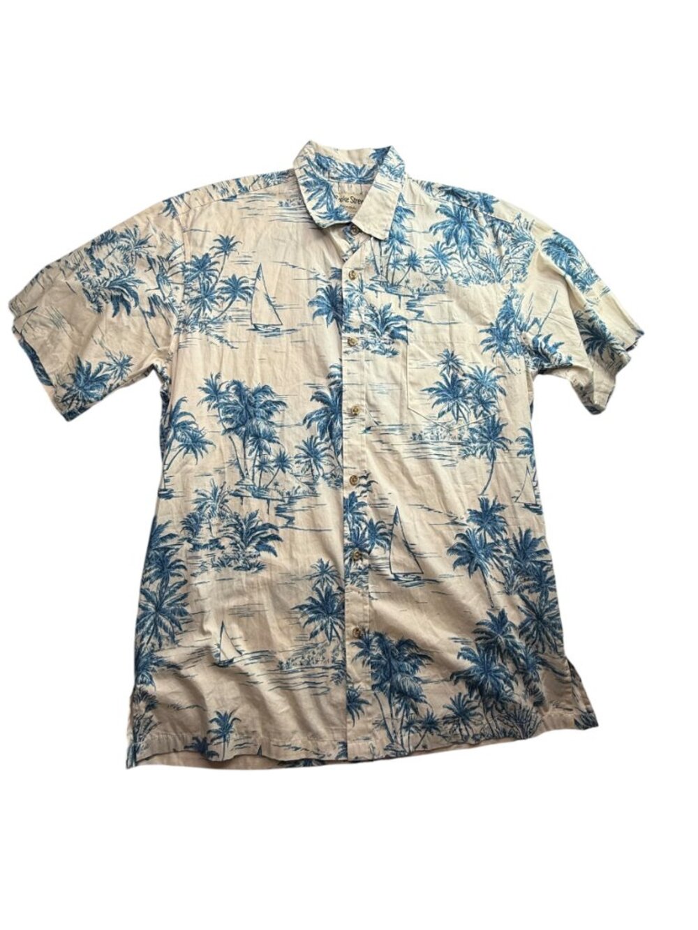 COOKE STREET Hawaiian Shirt Beige / Blue Trocial Floral Palm Trees.  Honolulu.